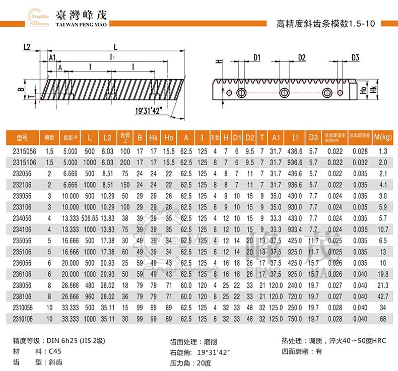 精密研磨斜齿条产品型号参数